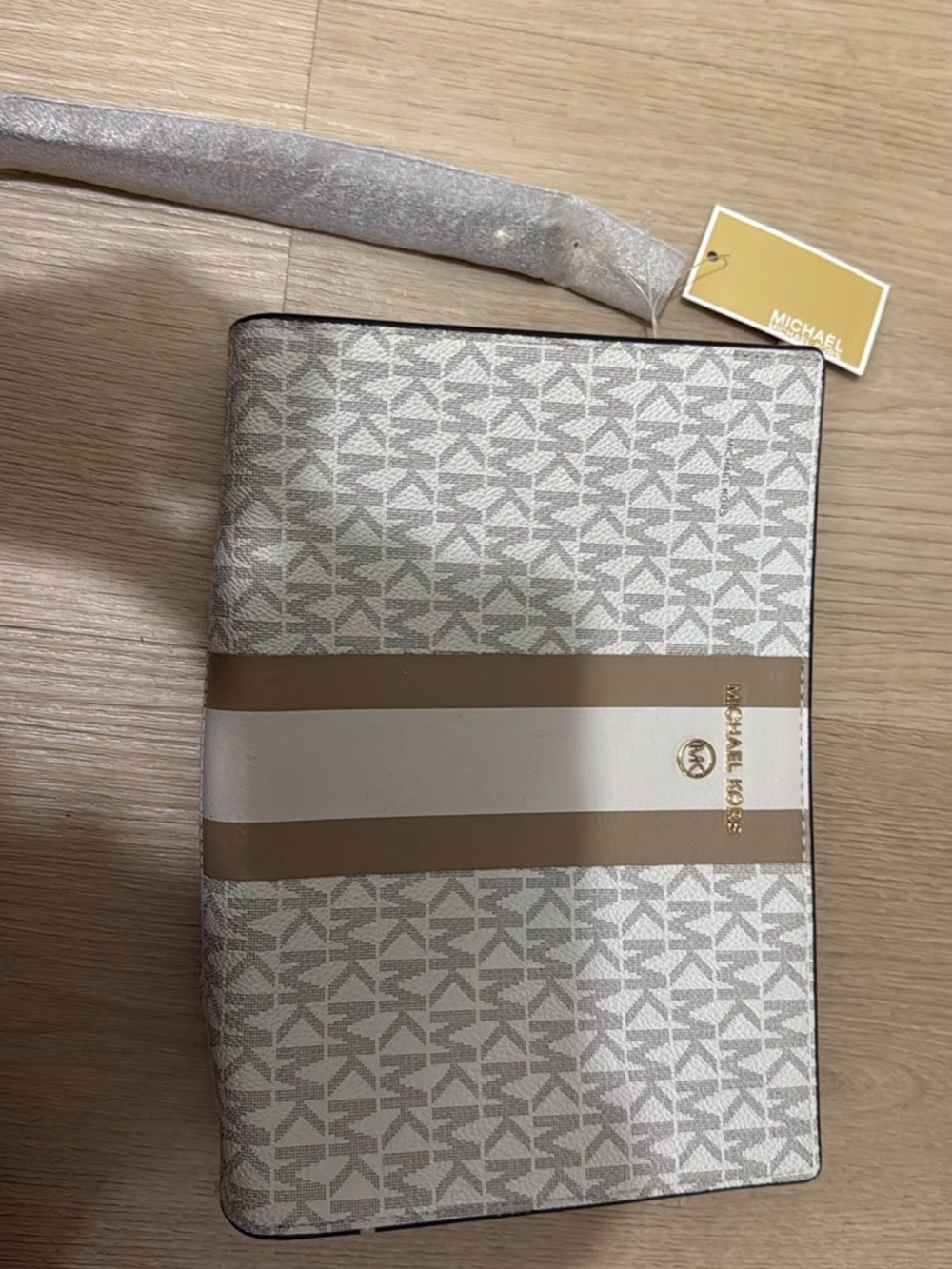Michael Kors Beige and Tan MK Signature Stripe Messenger Bag